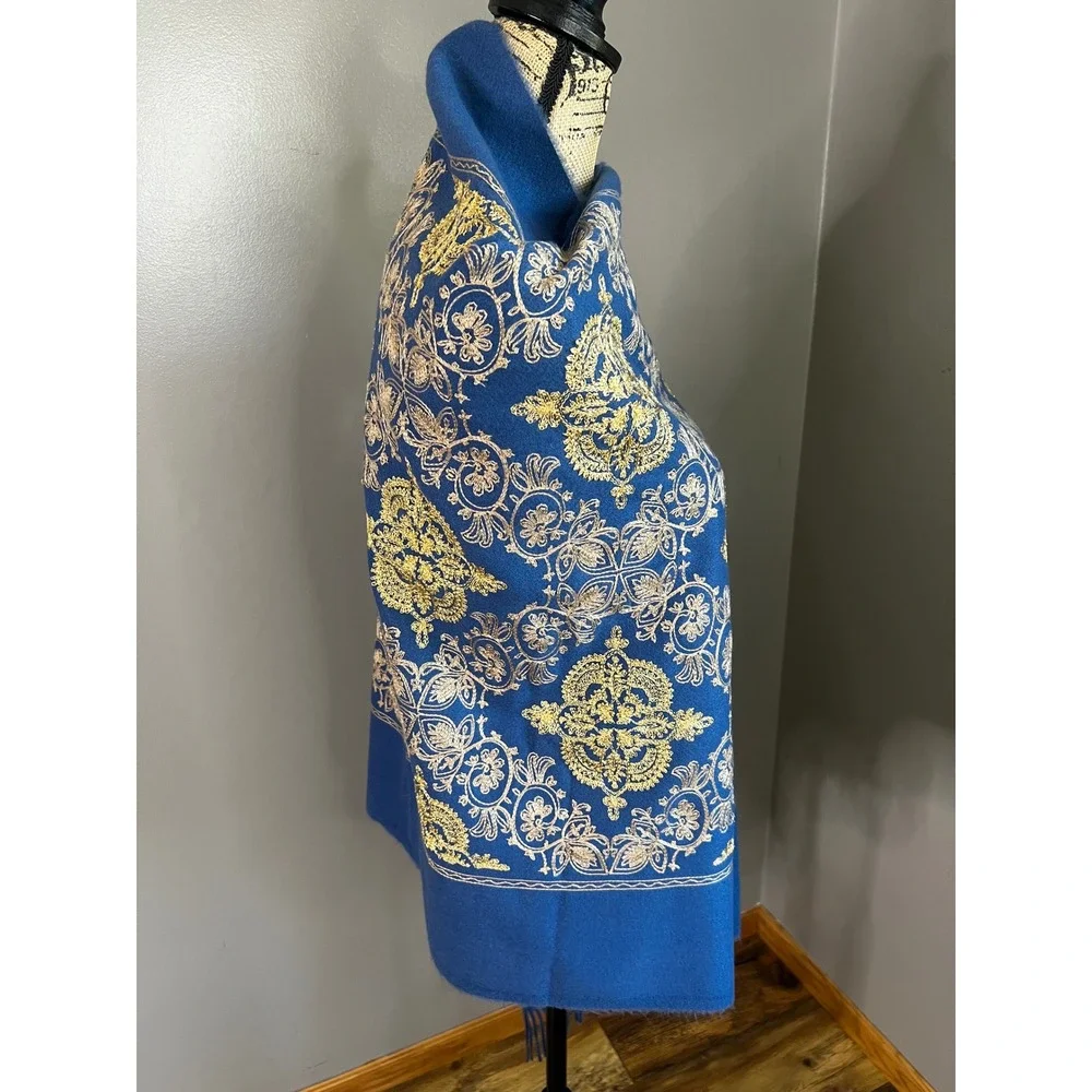 Jessica McClintock Blue Gold Metallic Embroidered Fringe Wrap Shawl Pashmina NEW